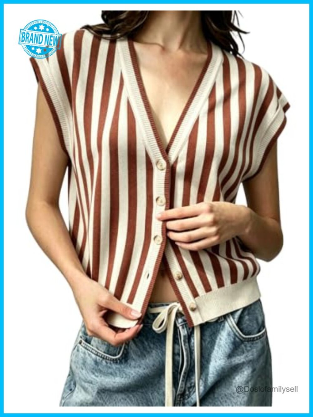 Oversized Striped Sweater Vest Cap Sleeve V-Neck Knit Cardigan